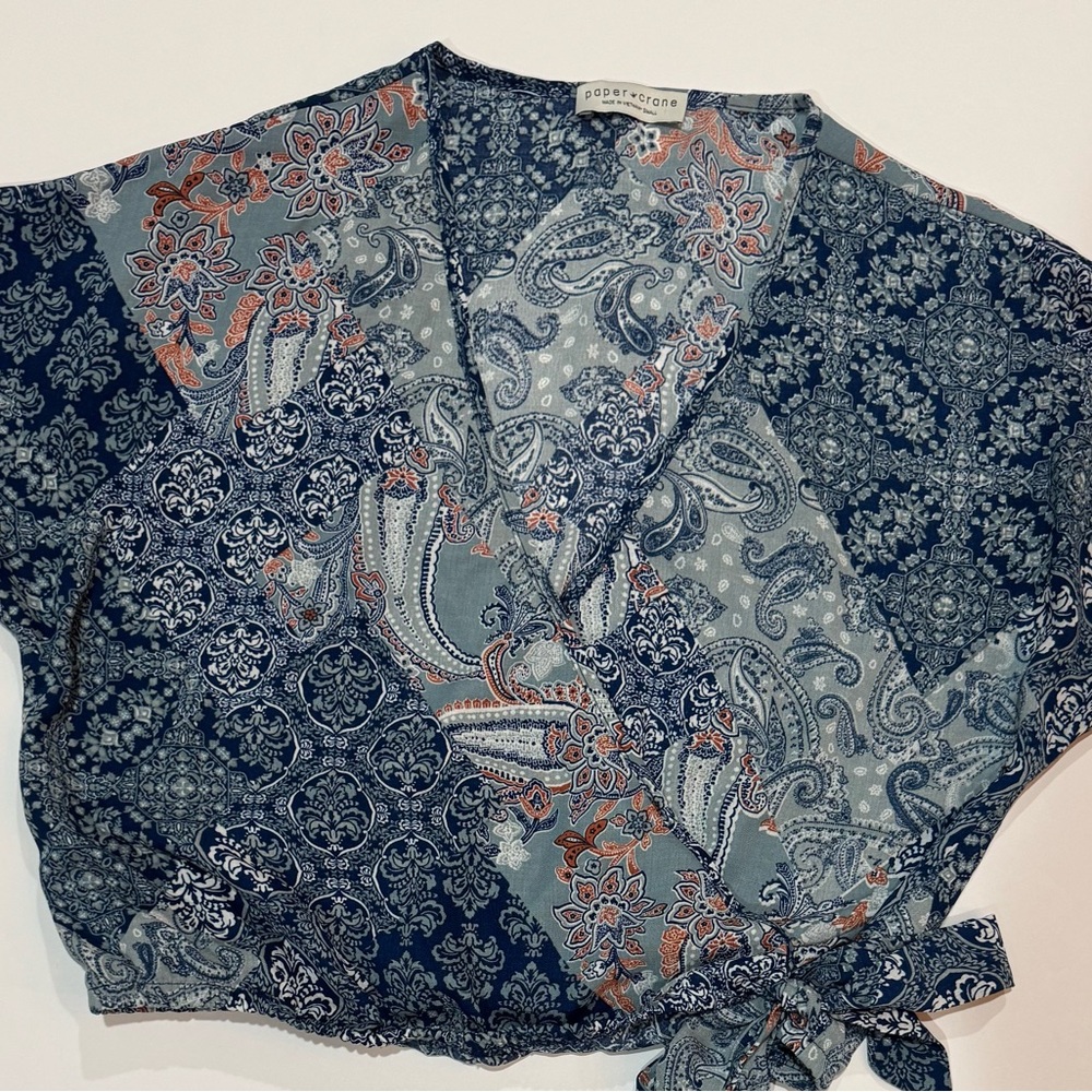 Blue Paisley Wrap Top Tie Waist Short Sleeve Boho Crop Blouse Small Paper Crane - Picture 7 of 7